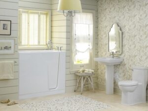 A walk-in bathtub in a classic bathroom