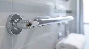 A safety grab bar on a bathroom tile wall