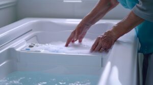 Elderly person utilizing a walk-in bathtub to maintain independence